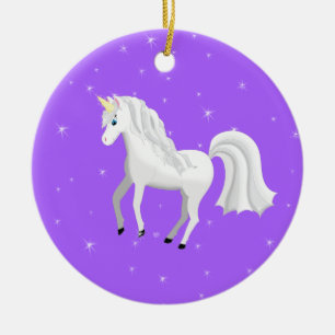 Enchanting Unicorn on Purple Background and Stars Ceramic Ornament