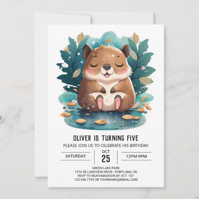 Enchanting Watercolor Capybara Birthday Invitation (Front)