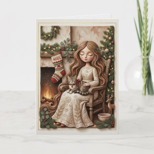Enchanting Whimsical Christmas Cat Winter Maiden Card