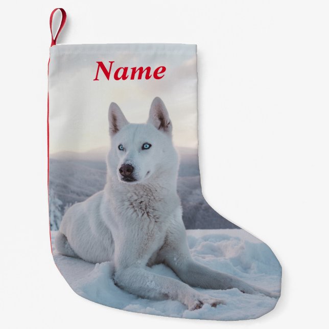 Enchanting White Husky Dog in the snow Small Christmas Stocking (Front)