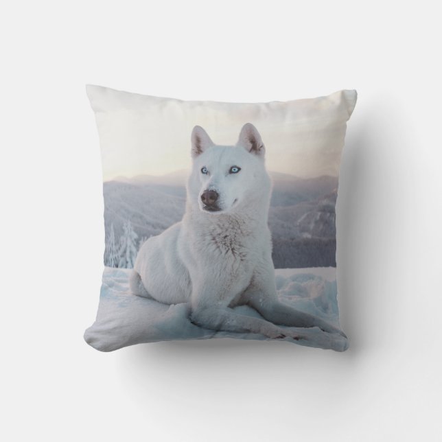 Enchanting White Husky Dog in the snow Throw Pillow (Front)