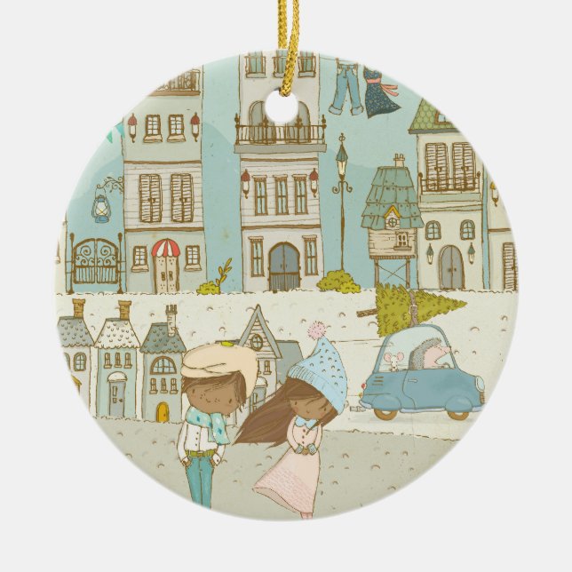 Enchanting Winter City Landscape Ceramic Ornament (Front)
