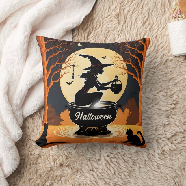 Enchanting witch brewing potions under the moon throw pillow (Blanket)