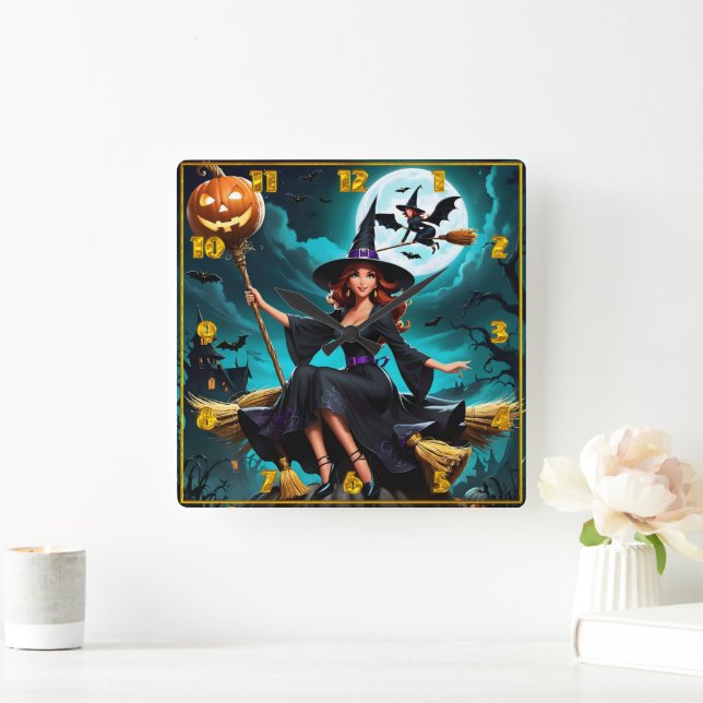 Enchanting witch celebrates Halloween night Square Wall Clock (Home)