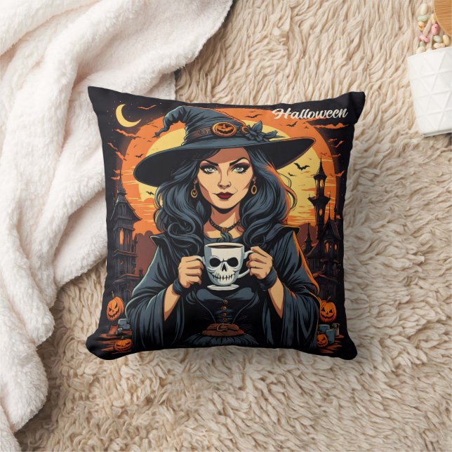 Enchanting witch holds skull mug at Halloween dusk Throw Pillow (Blanket)
