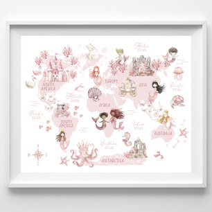 Enchantment World Map, Magical Pink Mermaid World Poster