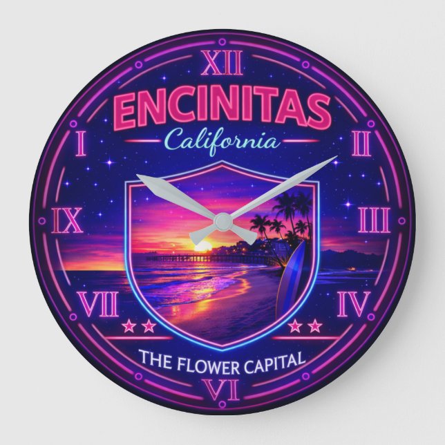 Encinitas California Coastal Sunset Neon Large Clock (Front)