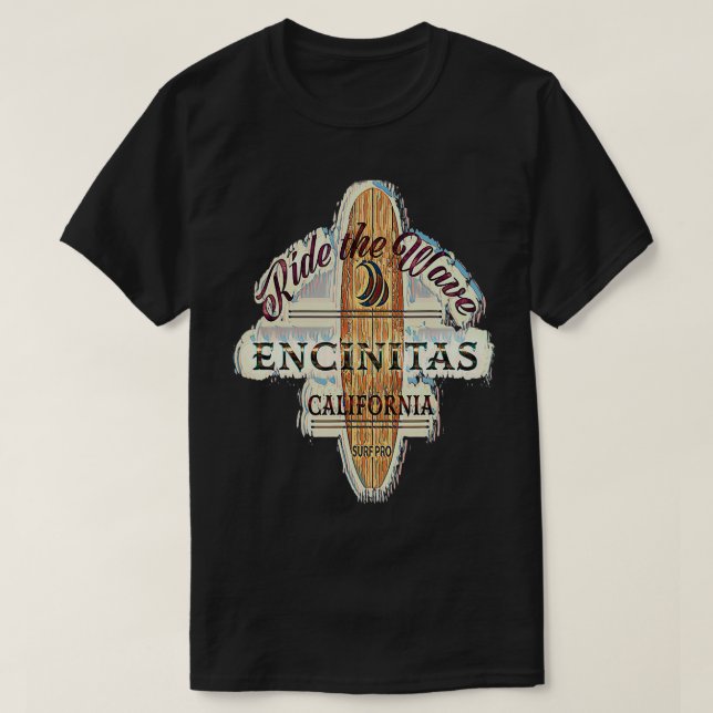 Encinitas Distressed Vintage Retro Surfboard Sign  T-Shirt (Design Front)