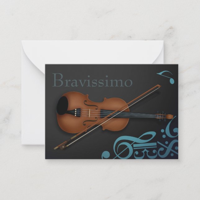 "Encore" Violin & Bow Elegant Black & Turquoise Card (Front)
