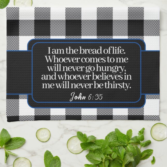 Encouraging Bible Verse, Black And White Plaid Kitchen Towel (Folded)