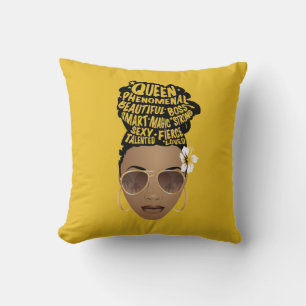 Encouraging Black Women, Natural Hair Bun, Yellow Throw Pillow