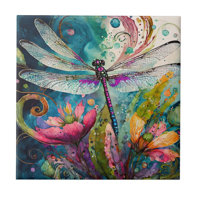 Encre et stylo Aquarelle Dragonfly Carreaux en cér (Devant)