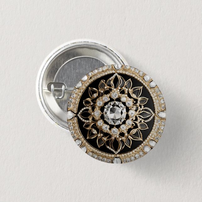 Encrusted white diamonds and gold circle mandala 1 inch round button (Front & Back)