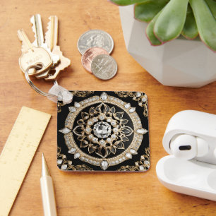 Encrusted white diamonds and gold circle mandala keychain