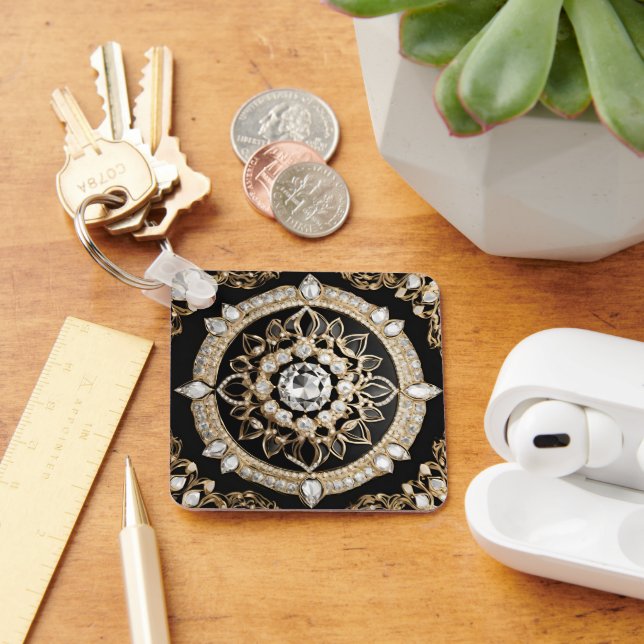 Encrusted white diamonds and gold circle mandala keychain (Desk)