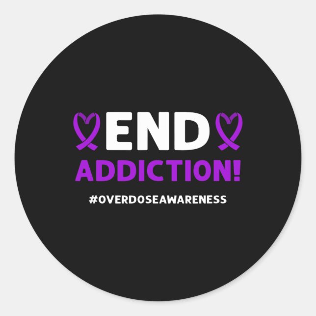End addiction! Purple Ribbon. Overdose Awareness  Classic Round Sticker (Front)