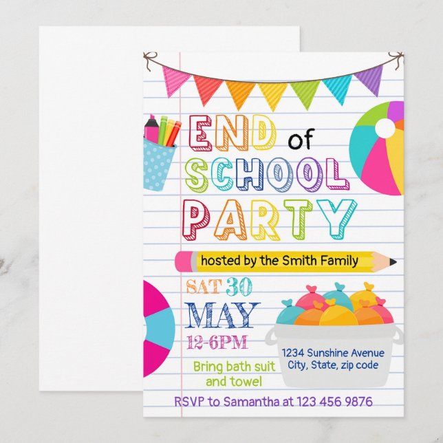 End of School Party Editable Invitation, Schools Invitation (Front/Back)
