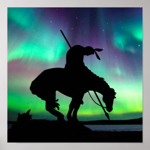 End of the Trail Silhouette With Northern Lights Poster