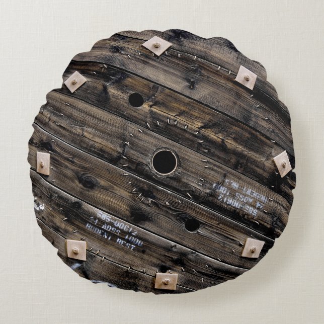 End of Wooden Industrial Wire Spool Round Pillow (Front)