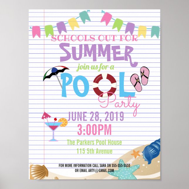 end of year summer class pool party schools out poster (Front)