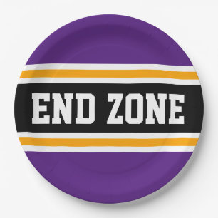 END ZONE Bold Purple Yellow Black Football Stripes Paper Plate
