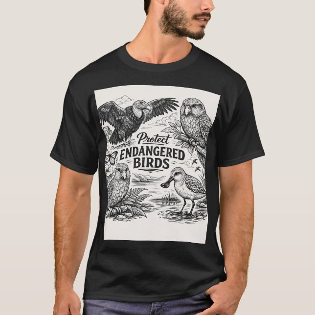 Endangered Avian Art: Minimalist B&W Conservation T-Shirt (Front)