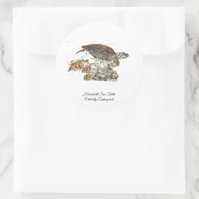 Endangered Hand-Painted Hawksbill Turtle Classic Round Sticker (Bag)