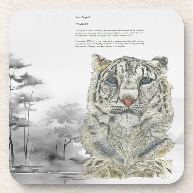 Endangered Hand painted Print Snow Leopard coaster (Front)