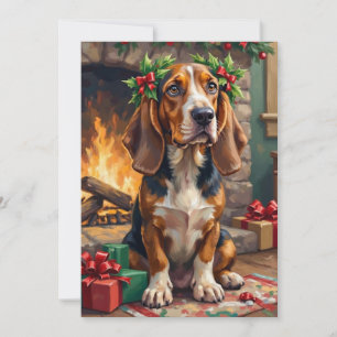 Endearing Basset Hound Dog with Christmas Wreath Holiday Card