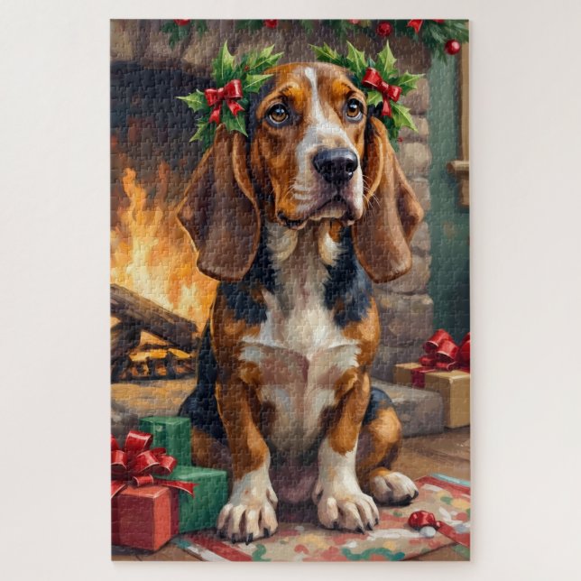 Endearing Basset Hound Dog with Christmas Wreath Jigsaw Puzzle (Vertical)