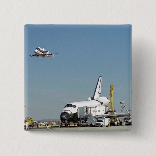 Endeavour on Runway with Columbia on SCA Overhea 2 Inch Square Button (Front)