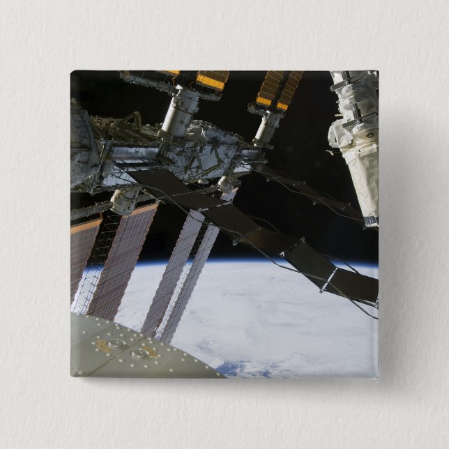 Endeavour's arm amidst International Space Stat 2 Inch Square Button (Front)