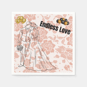 Endless Love Bride and Groom Peach Floral Wedding  Napkin