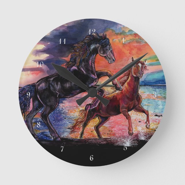 Endless Sky Watercolor Horses Round Clock (Front)
