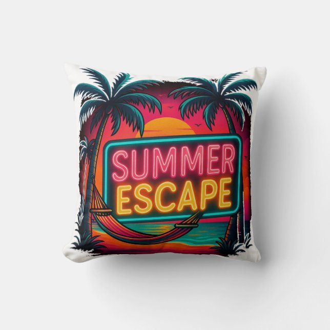 Endless Summer Escape – Retro Sunset Adventure Throw Pillow (Front)