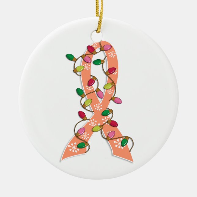 Endometrial Cancer Christmas Lights Ribbon Ceramic Ornament (Front)