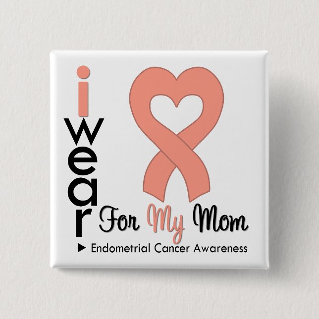 Endometrial Cancer Peach Heart Ribbon MOM 2 Inch Square Button (Front)
