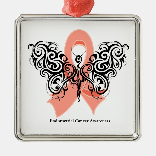 Endometrial Cancer Tribal Butterfly Ribbon Metal Ornament (Front)