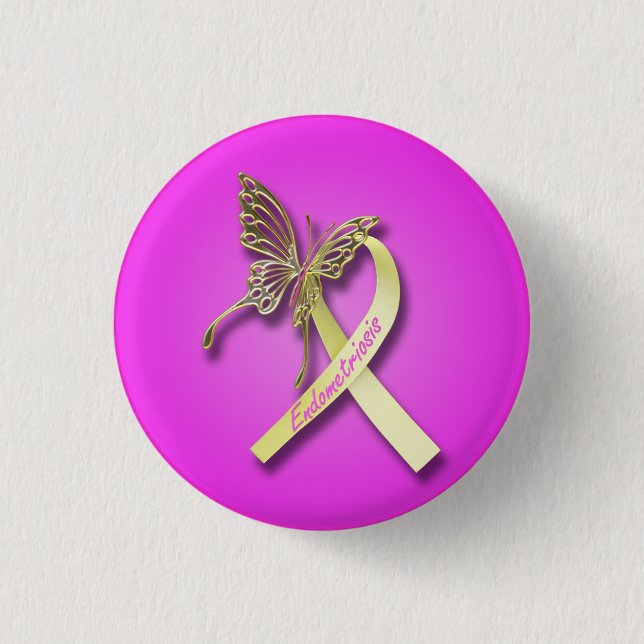 Endometriosis Ribbon with Gold Butterfly 1 Inch Round Button (Front)