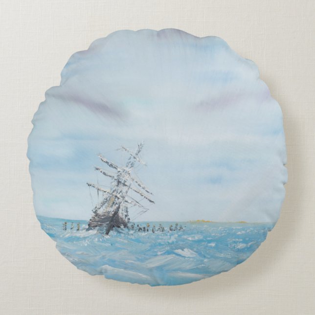 Endurance trapped by the Antarctic Ice. Painted Round Pillow (Front)