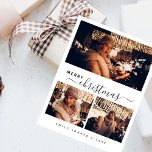 Enegant Modern 3 Photo Collage Christmas Postcard<br><div class="desc">Elegant, modern and minimalist 3 photo collage holiday postcard with modern whimsical script simple sans serif typography. The „Peace, Love and Joy” greeting text is written in a beautiful black hand lettered script on white background and your names and a message on the reverse is in simple font. This postcard...</div>