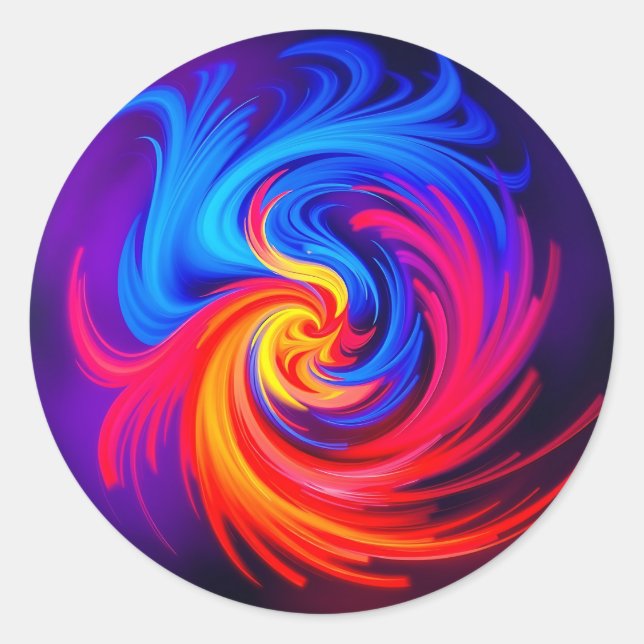 Energetic Abstract Swirl in Blue Red and Yellow Classic Round Sticker (Front)
