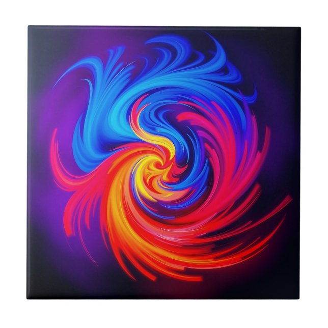 Energetic Abstract Swirl in Blue Red and Yellow Tile (Front)