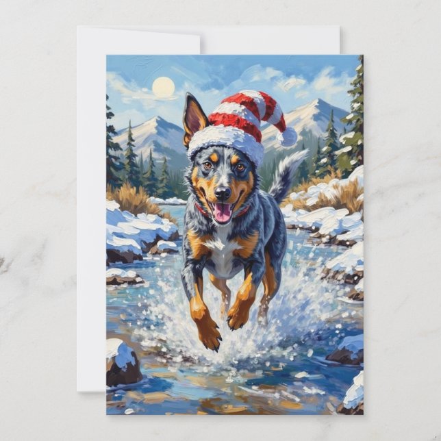Energetic Blue Heeler Dog Winter Creek Christmas Holiday Card (Front)