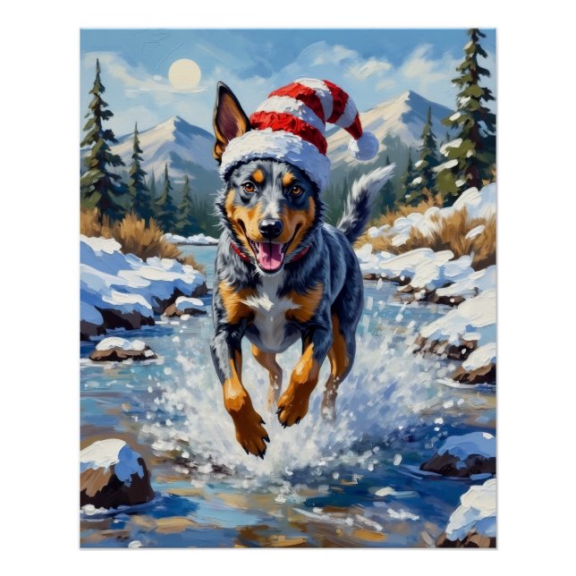 Energetic Blue Heeler Dog Winter Creek Christmas Poster (Front)