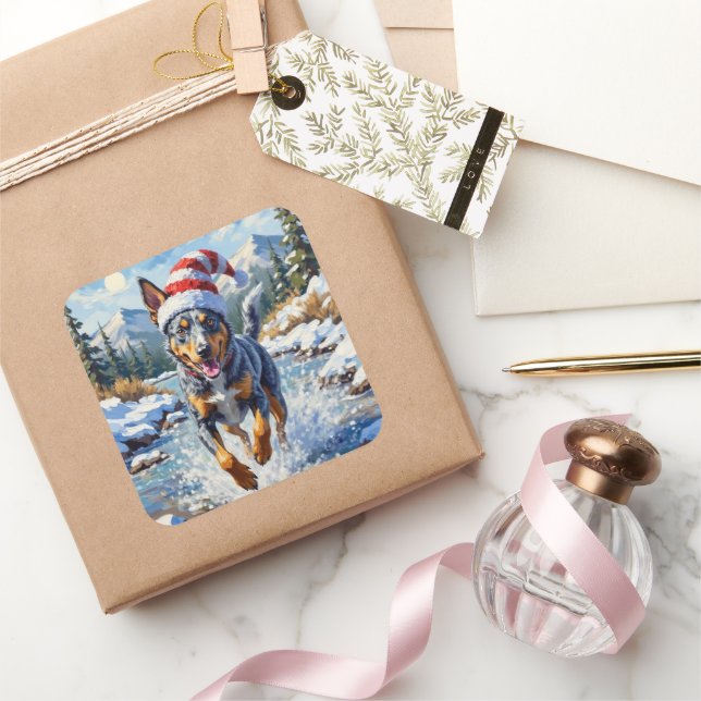 Energetic Blue Heeler Dog Winter Creek Christmas Square Sticker (Gifting)
