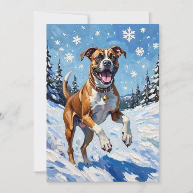 Energetic Boxer Dog Leaping in Winter Snow Fun Holiday Card (Front)