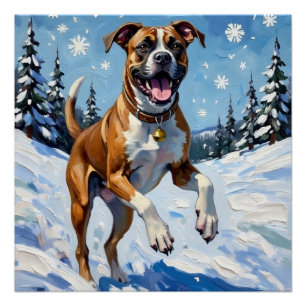 Energetic Boxer Dog Leaping in Winter Snow Fun Poster