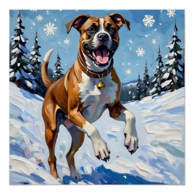 Energetic Boxer Dog Leaping in Winter Snow Fun Poster (Front)