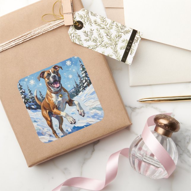 Energetic Boxer Dog Leaping in Winter Snow Fun Square Sticker (Gifting)